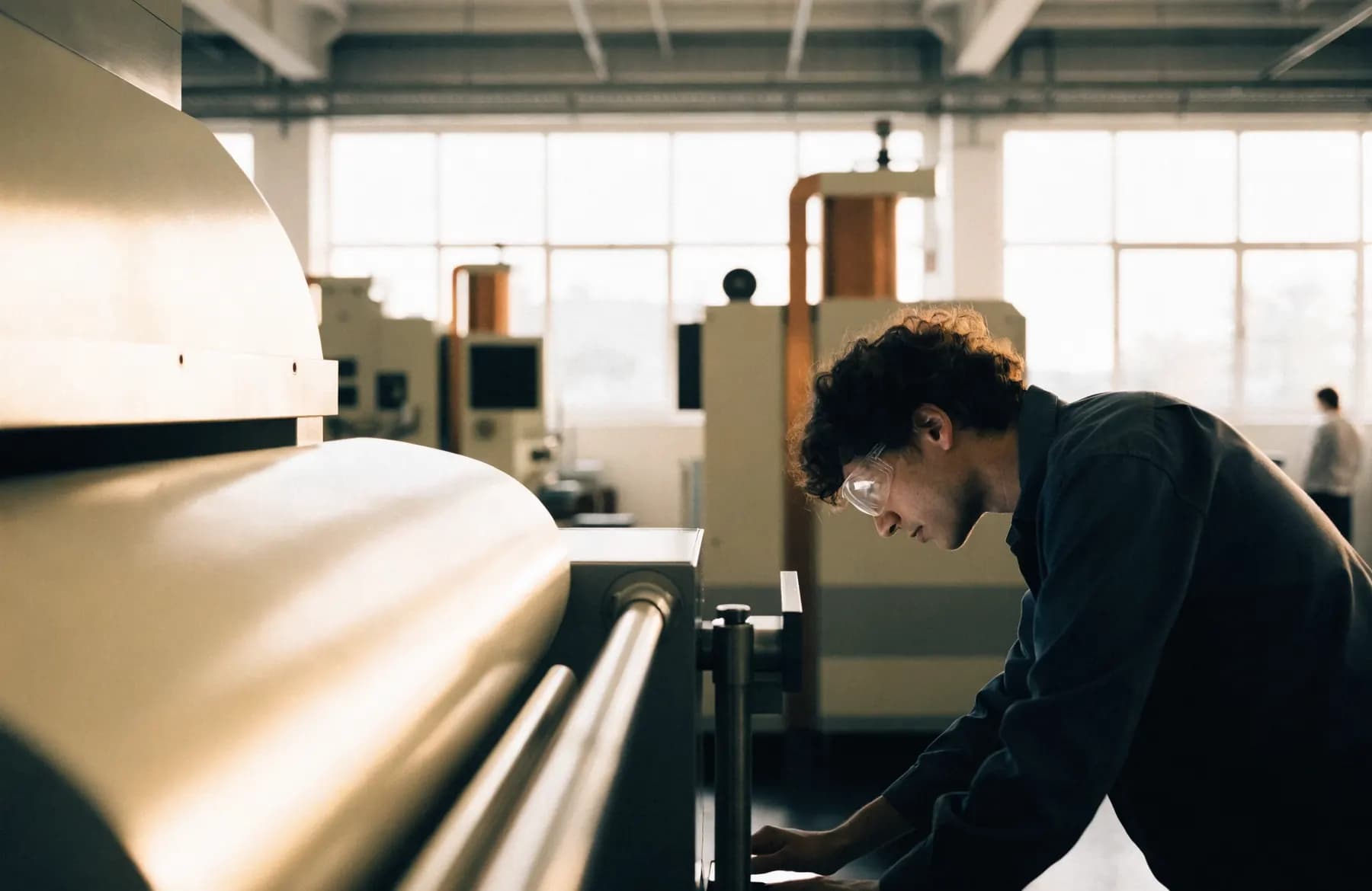 A worker checking a tablet at a workstation on a manufacturing shop floor