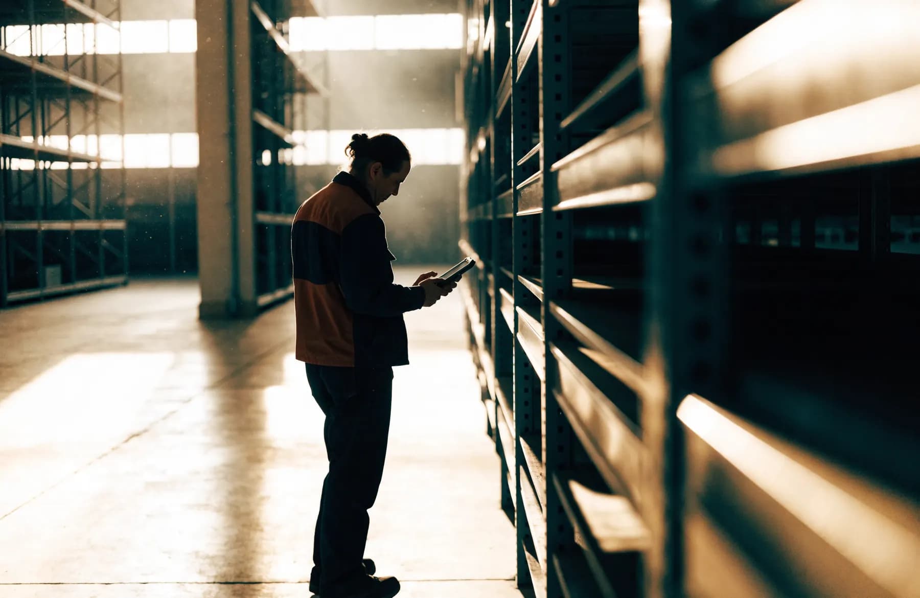 A warehouse worker checking stock on a tablet between tall storage racks