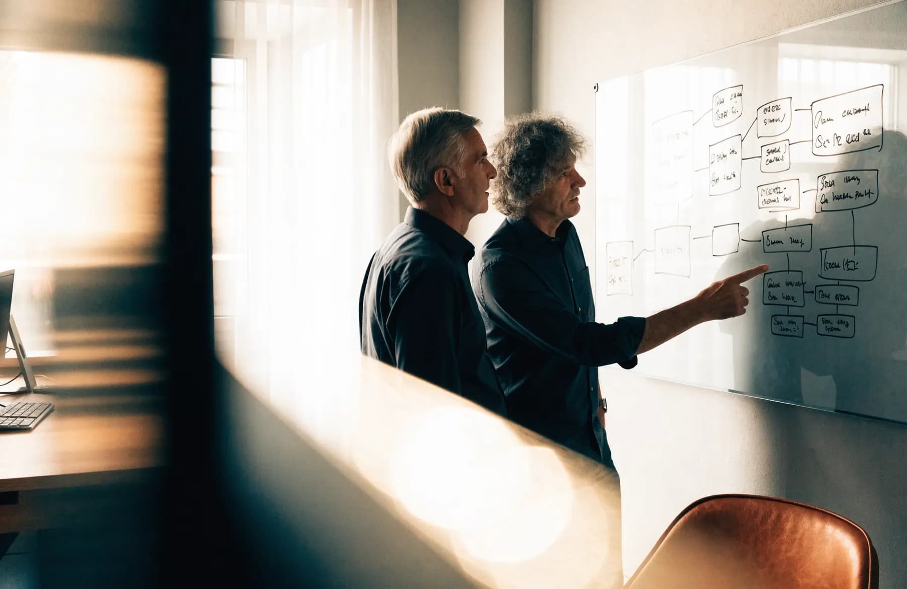 Two engineers discussing a hand-drawn system architecture diagram on a glass whiteboard