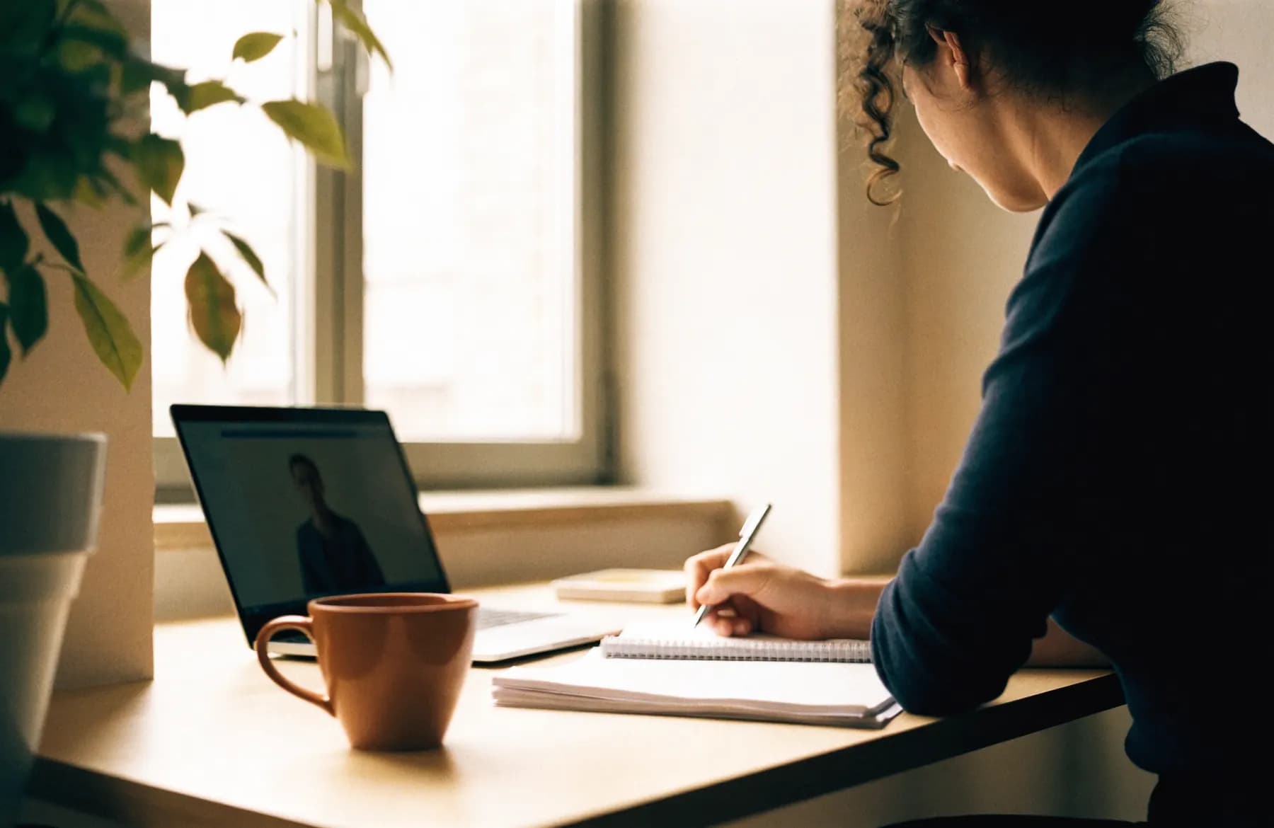 A consultant taking notes during a video call at a tidy desk