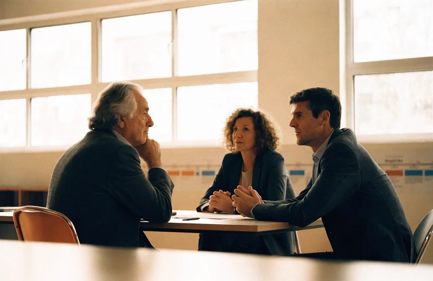 Business leaders in conversation in front of a printed roadmap timeline