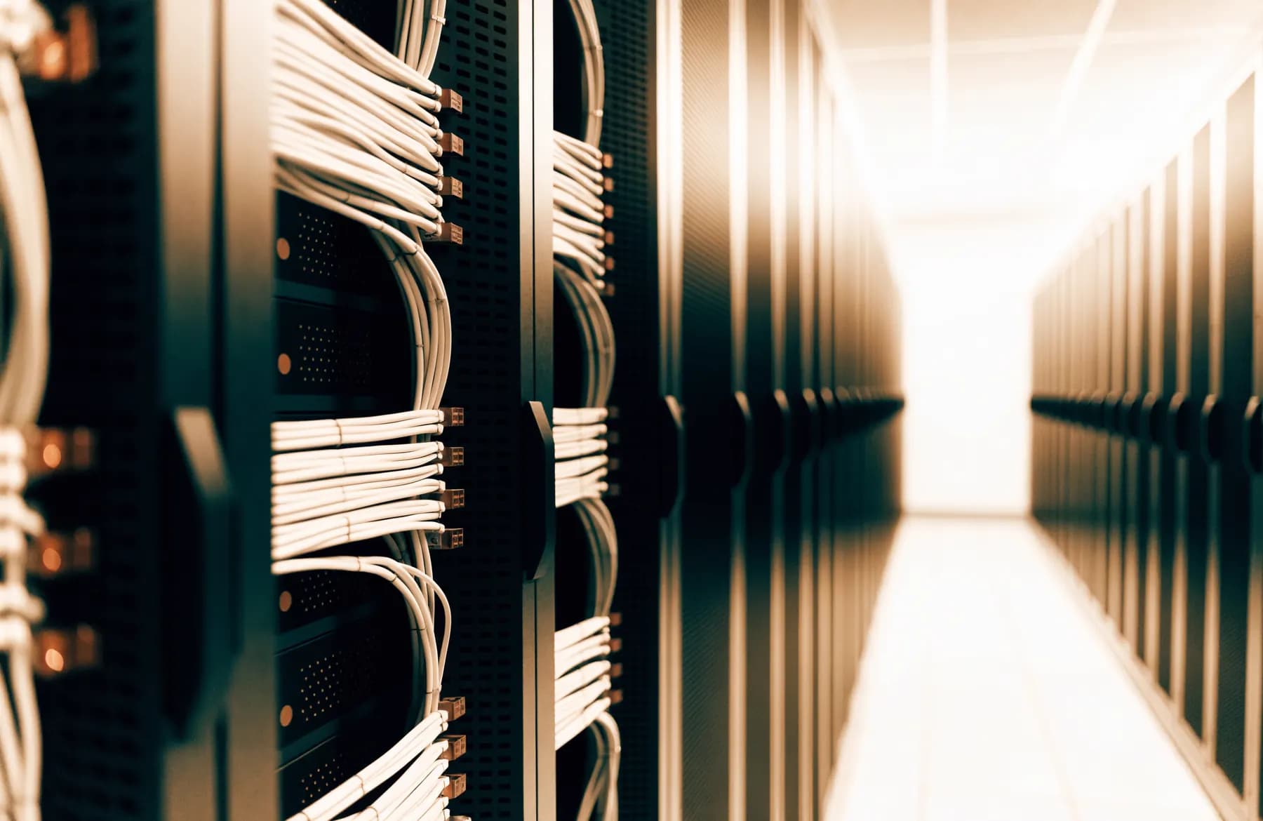An aisle of neatly cabled server racks in a data centre