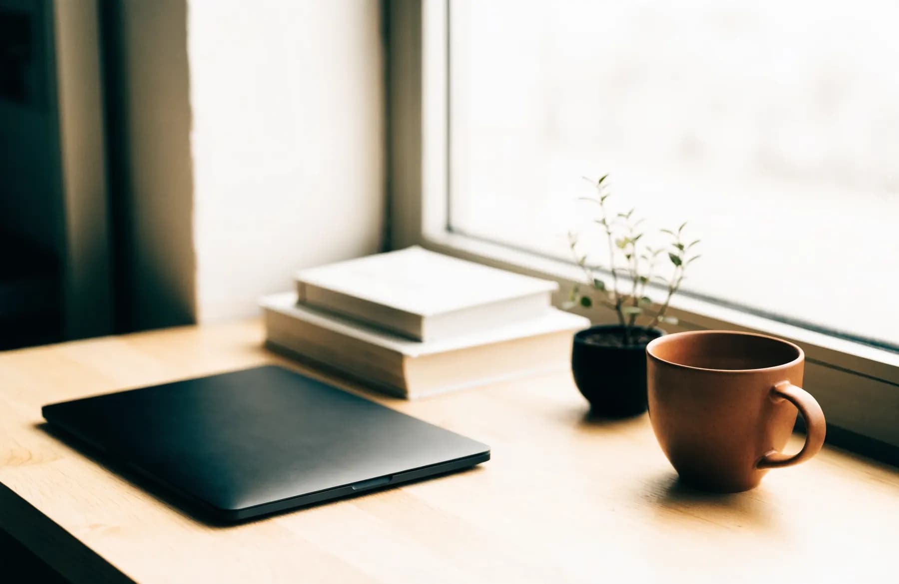A quiet workspace corner with a closed laptop, books and a plant by a window